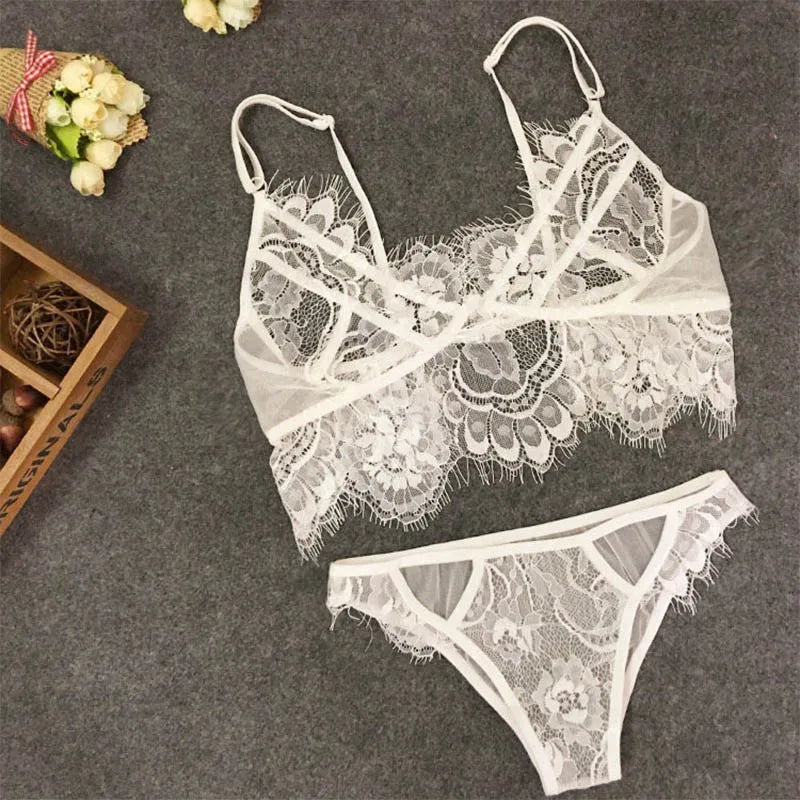 Lingerie Set Sexy Plus Size Hot Underwear Women Set Bra & Panty Thong Set Sexy Transparent Lingere Lace Black Open Intimates