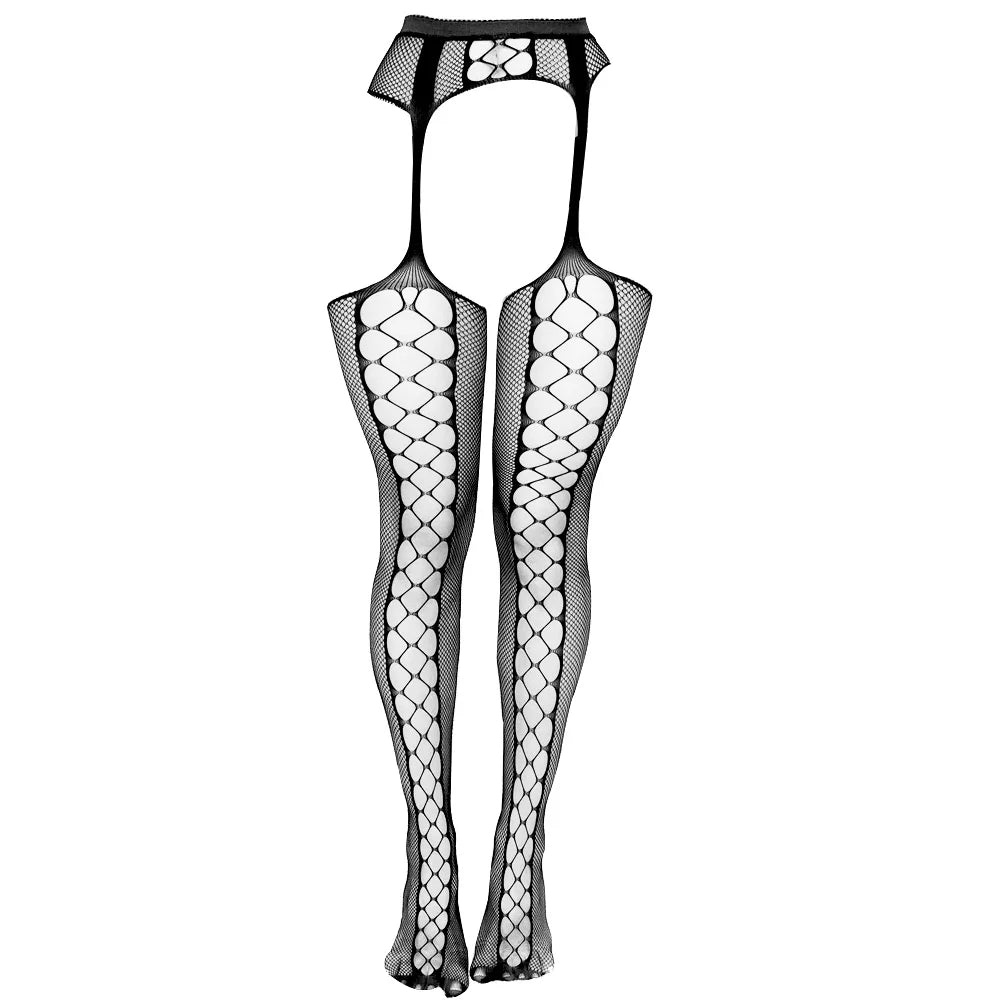 Lingerie Sexy Open Bare Crotch Netting Pantyhose with Rhinestone Access Women Black Crotchless Mesh Fishnet Nylon Stocking Tight